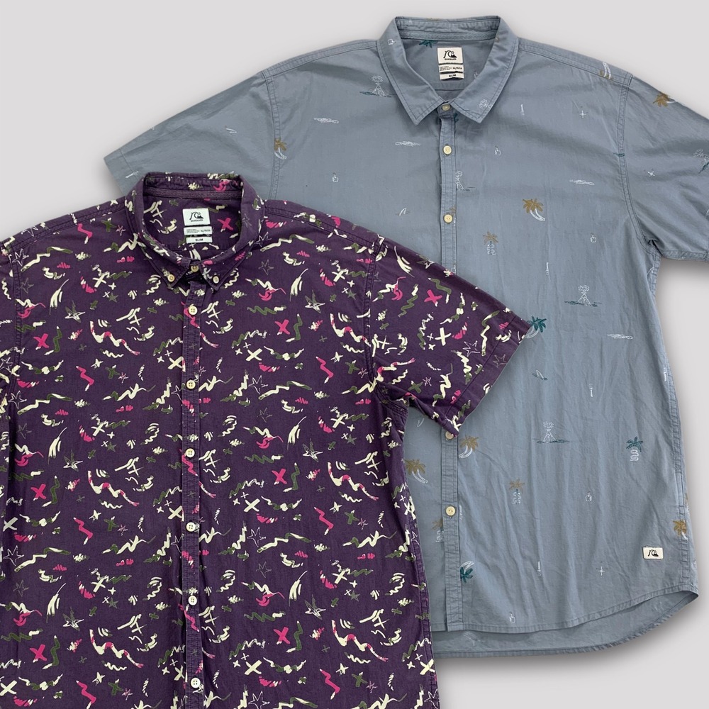 Quiksilver Shirt Bundle Men's XL‎ Button Up Slim Fit Short Sleeve Purple Blue